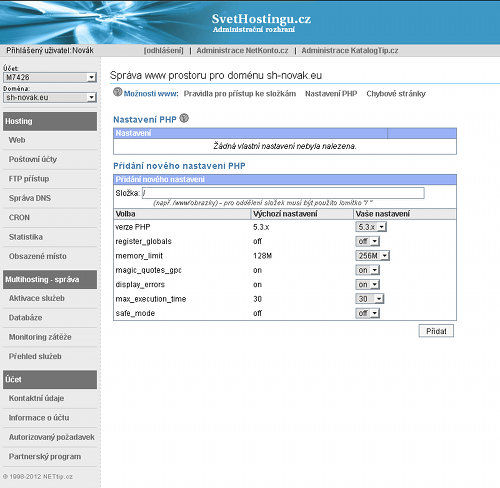 Nastavení PHP